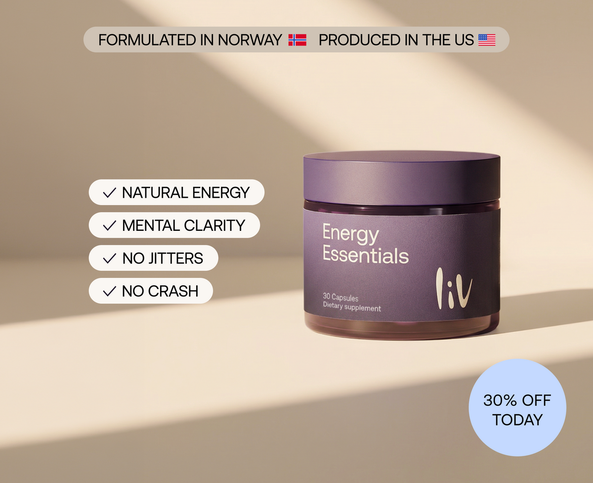 A jar of liv Energy Essentials dietary supplement on a beige background with soft diagonal shadows. The jar is dark purple with white text.