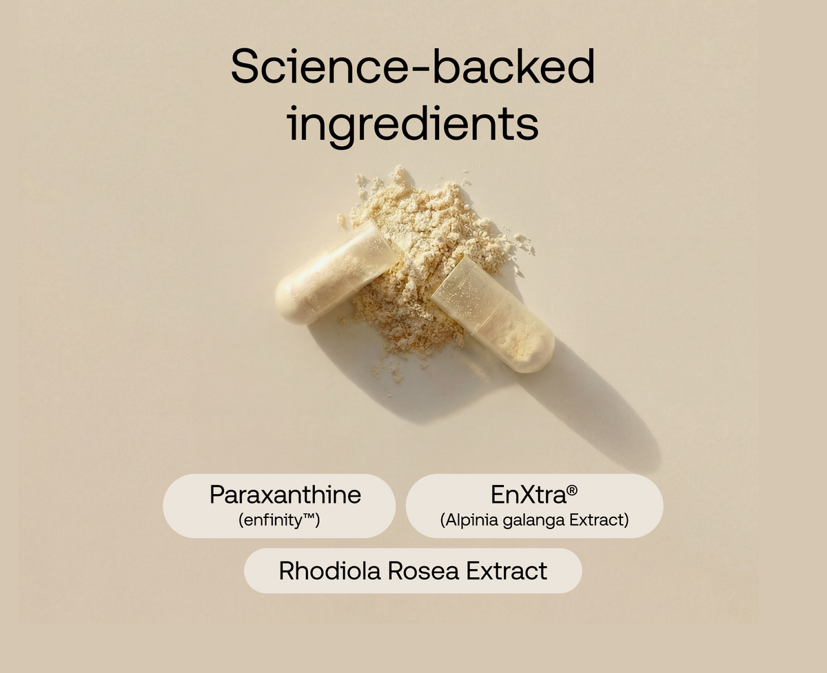 Two beige capsules lying on a pile of light tan powder against a warm beige background, with text reading 'Science-backed ingredients' and labels for Paraxanthine, EnXtra, and Rhodiola Rosea Extract.