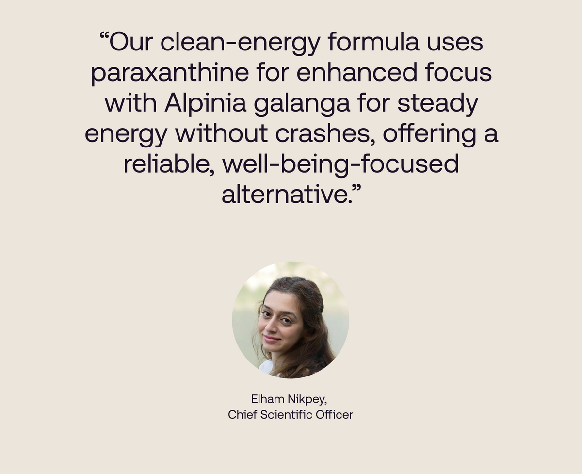 A quote on a beige background reading, “Our clean-energy formula uses paraxanthine for enhanced focus with Alpinia galanga for steady energy without crashes, offering a reliable, well-being-focused alternative.” Below the quote is a circular photo of a woman and the text “Elham Nikpey, Chief Scientific Officer.