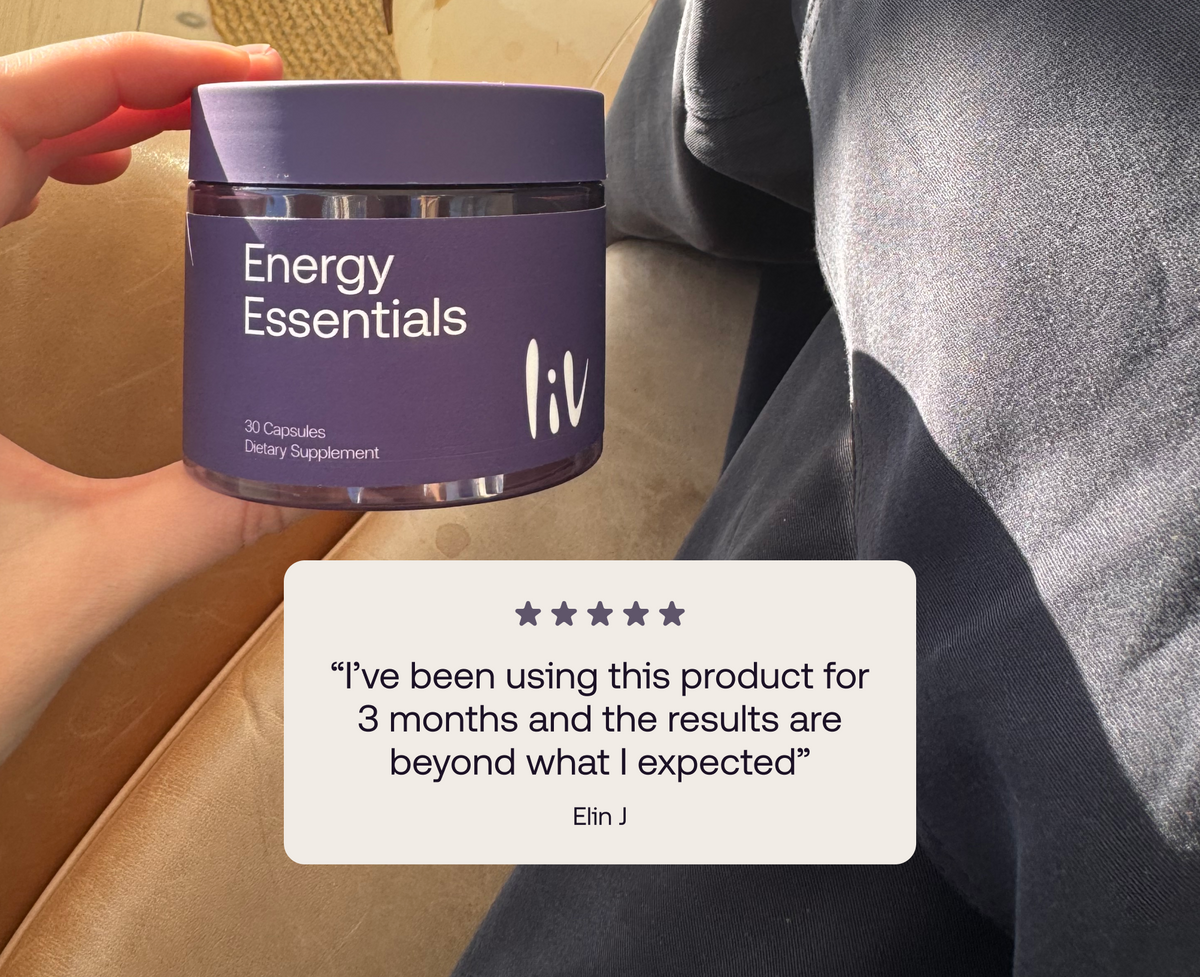 A person holds a purple jar labeled 'Energy Essentials' in a real indoor setting, with a large review card overlaid in front showing a testimonial quote.