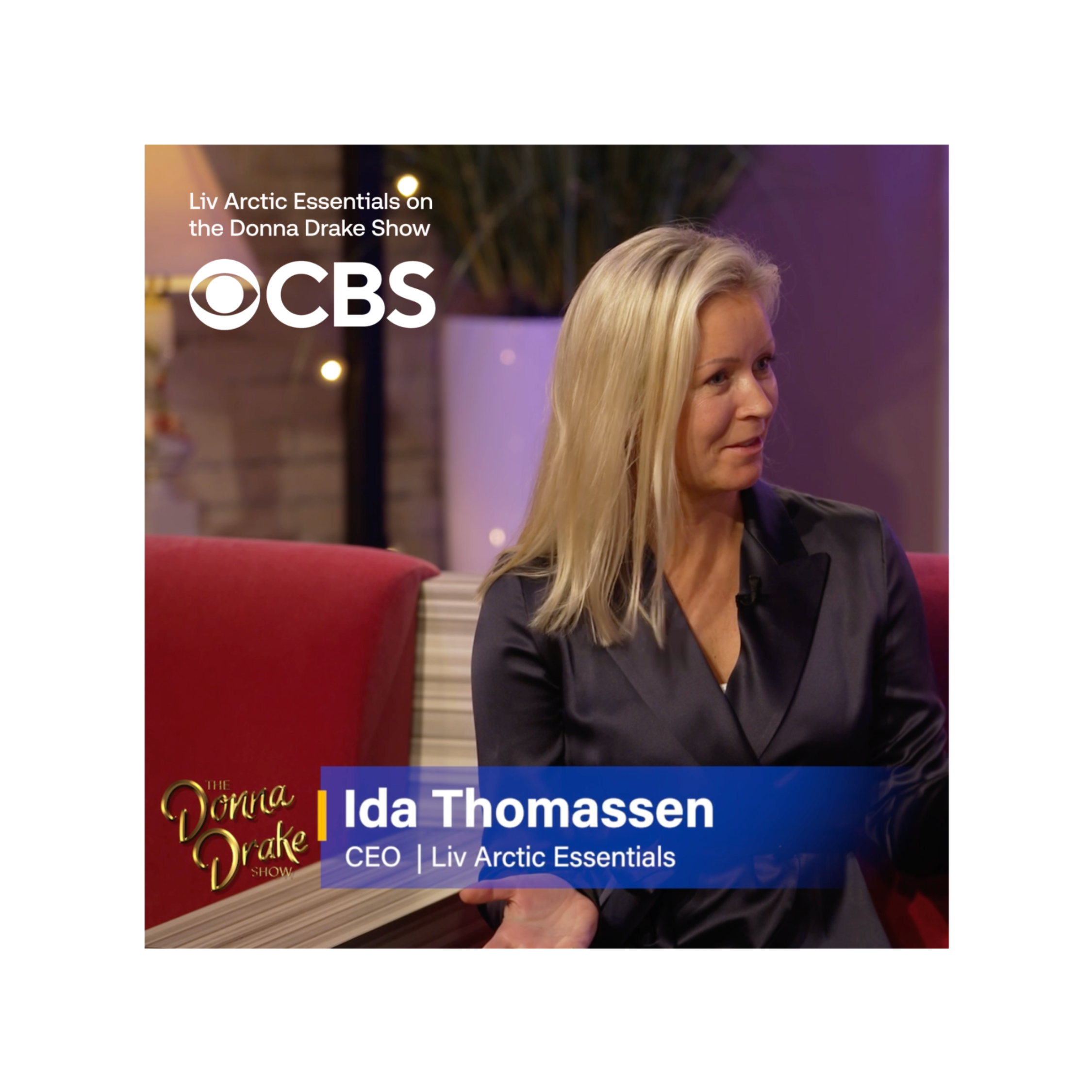 Woman on a talk show with CBS logo and 'The Donna Drake Show' branding