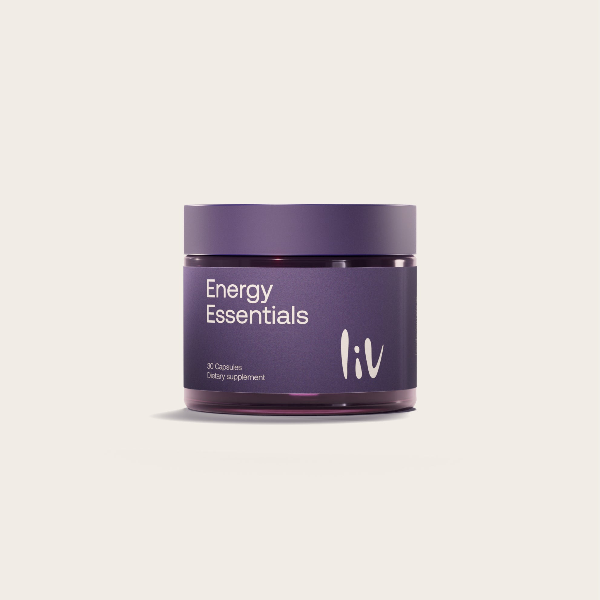 Purple container of 'Energy Essentials' by 'liv' on a light beige background