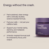 Purple supplement jar labeled 'Energy Essentials' with text about sustained energy and mental clarity on a light gray background.