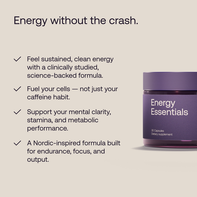 Purple supplement jar labeled 'Energy Essentials' with text about sustained energy and mental clarity on a light gray background.