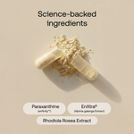 Beige background with open capsule with beige powder coming out. Says: Science-backed ingredients. Paraxanthine, EnXtra, Rhodiola Rosea Extract 