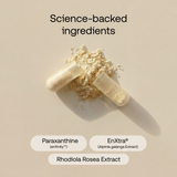 Beige background with open capsule with beige powder coming out. Says: Science-backed ingredients. Paraxanthine, EnXtra, Rhodiola Rosea Extract 