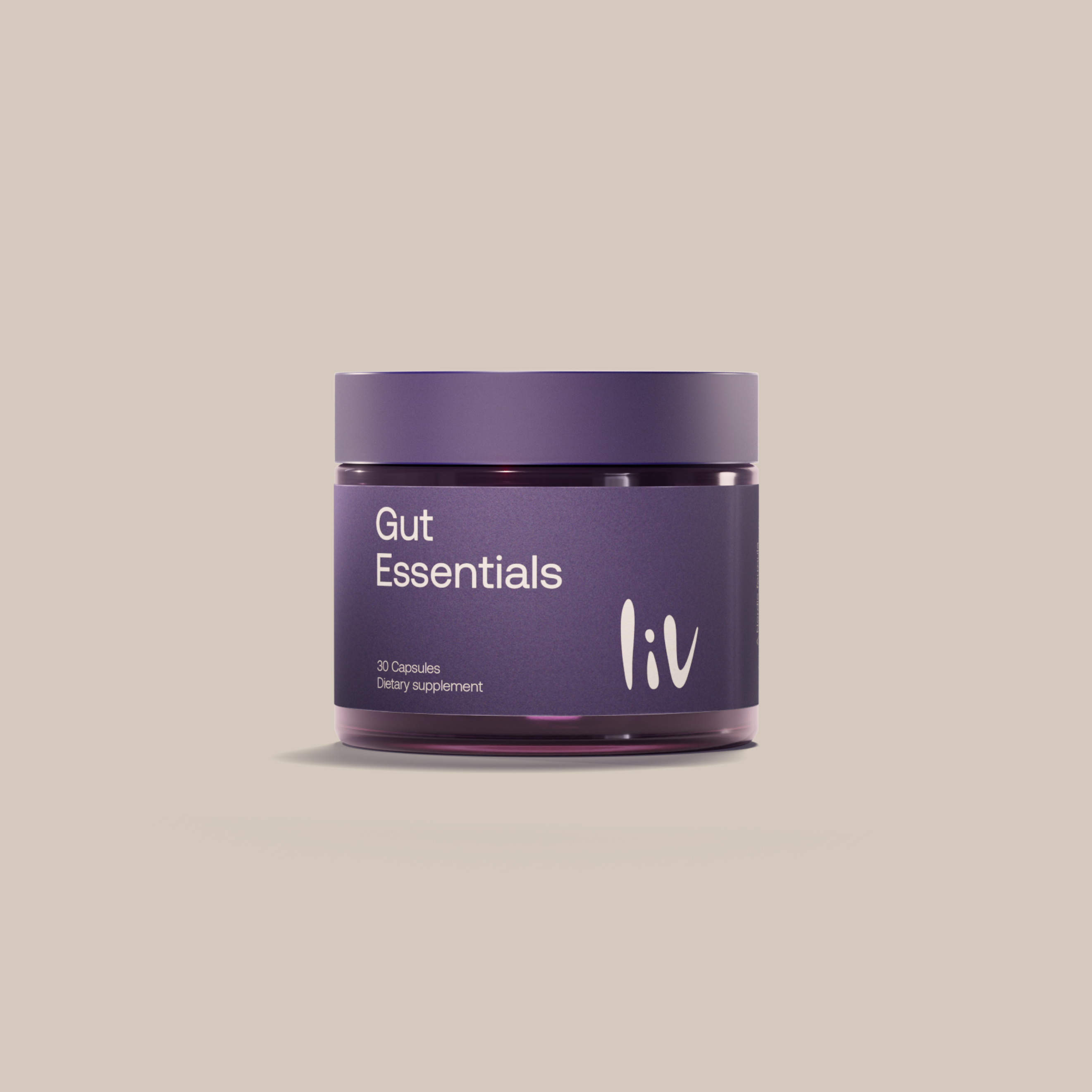 Purple container labeled 'Gut Essentials' by 'liv' on a beige background