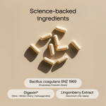 Probiotic capsules with ingredients listed on a beige background
