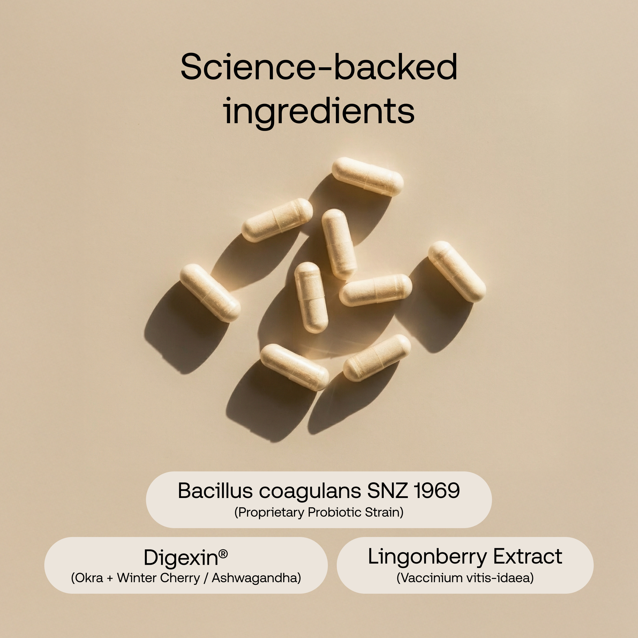 Probiotic capsules with ingredients listed on a beige background