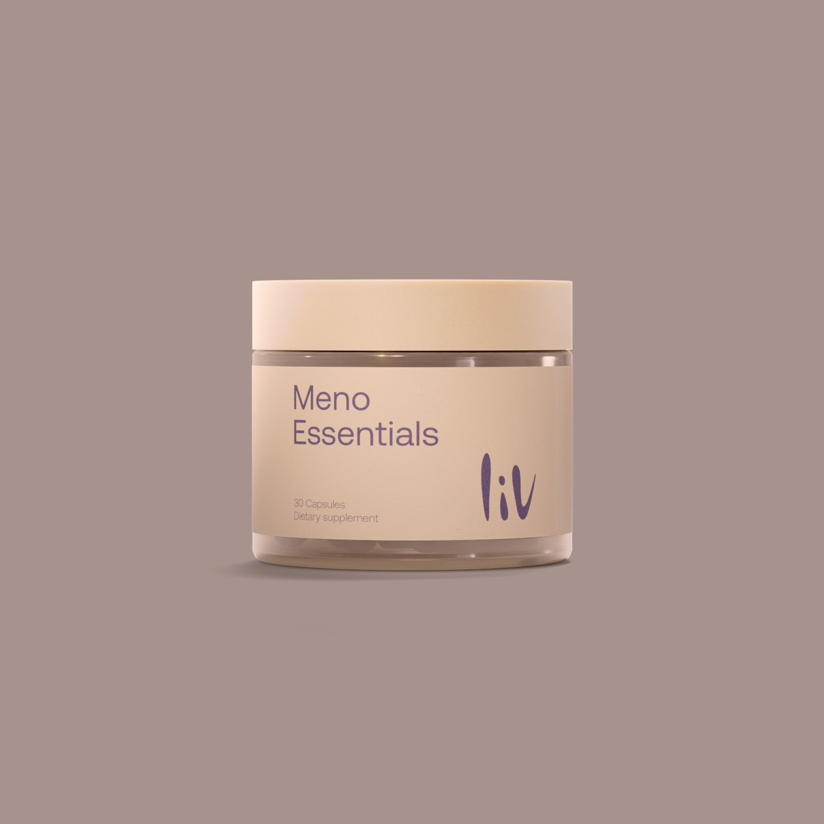 Jar labeled 'Meno Essentials' by 'liv' on a beige background