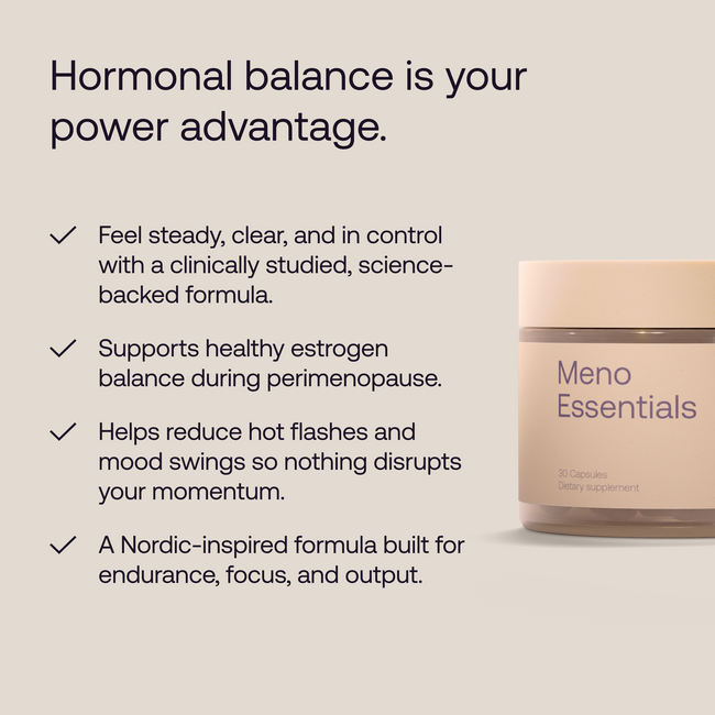 Meno Essentials supplement container with promotional text about hormonal balance on a beige background