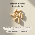 Beige background with capsules. The picture says: Science-backed ingredients. SheVari4, vitamin K2, Ginfort, Chaga Mushroom, Vitamn D3 