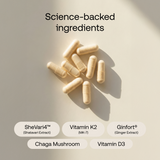 Beige background with capsules. The picture says: Science-backed ingredients. SheVari4, vitamin K2, Ginfort, Chaga Mushroom, Vitamn D3 