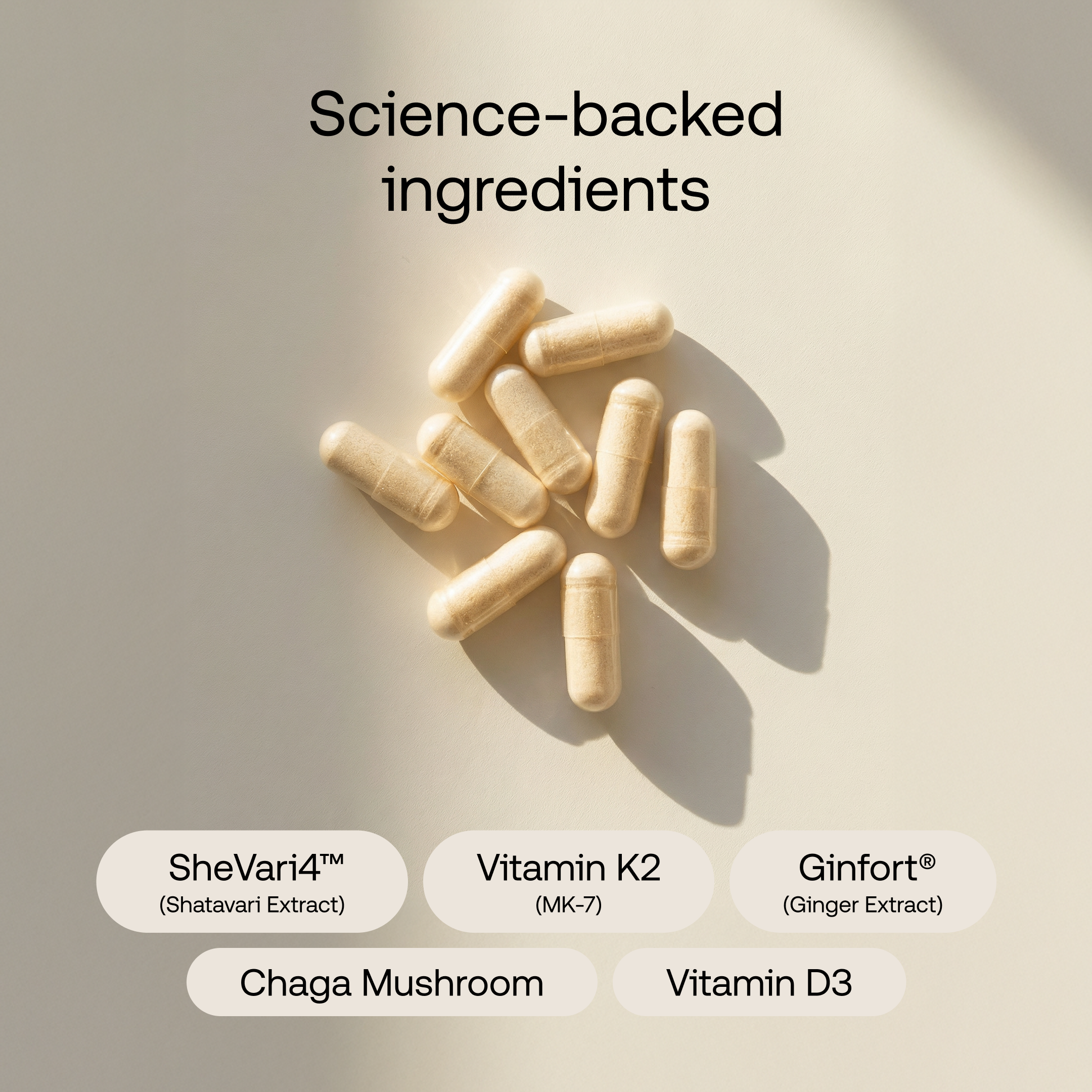 Beige background with capsules. The picture says: Science-backed ingredients. SheVari4, vitamin K2, Ginfort, Chaga Mushroom, Vitamn D3 
