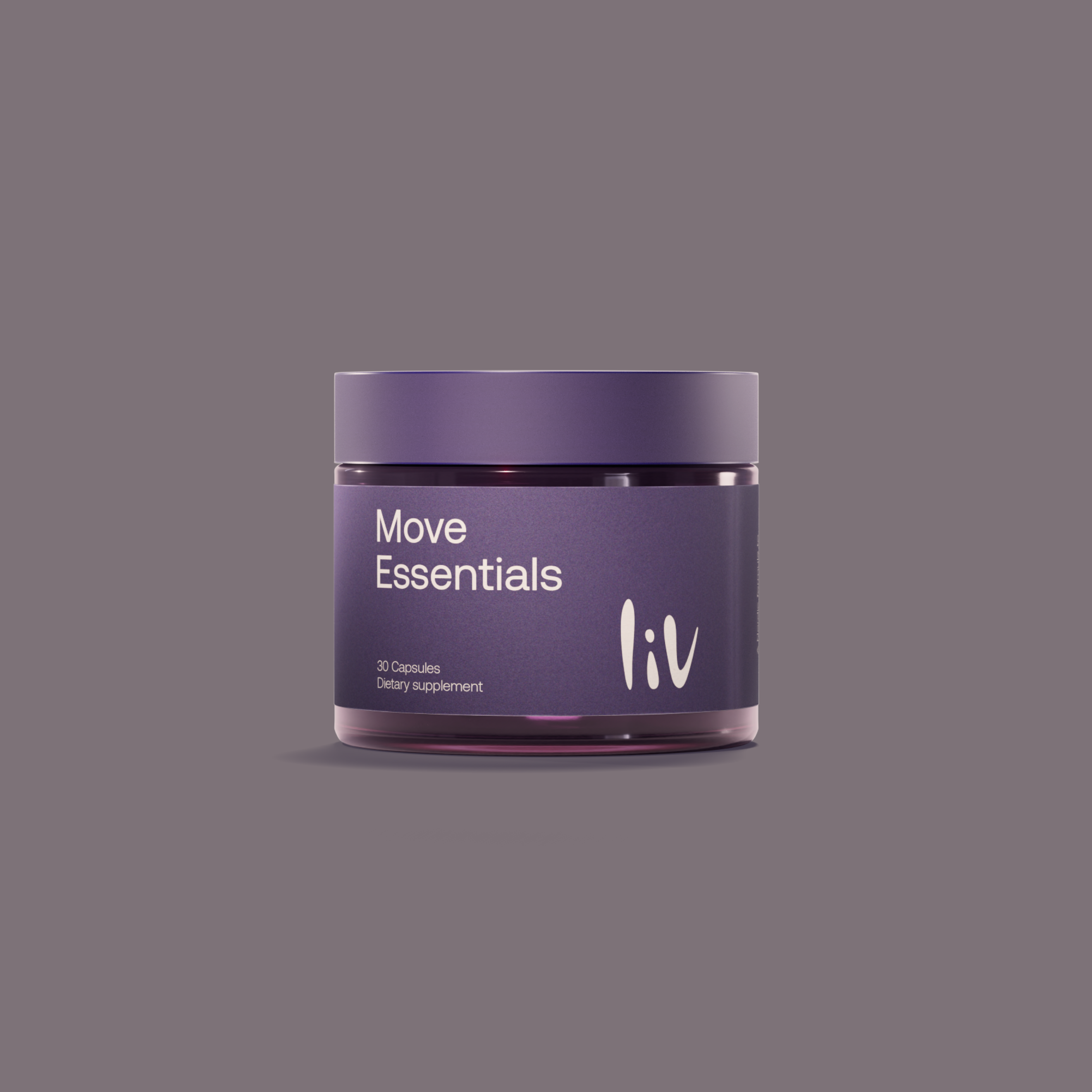 Purple jar labeled 'Move Essentials liv' on a gray background