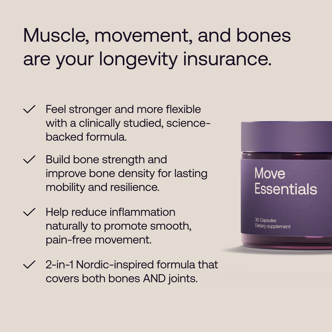 Supplement jar labeled 'Move Essentials' with text about muscle, movement, and bones on a beige background.