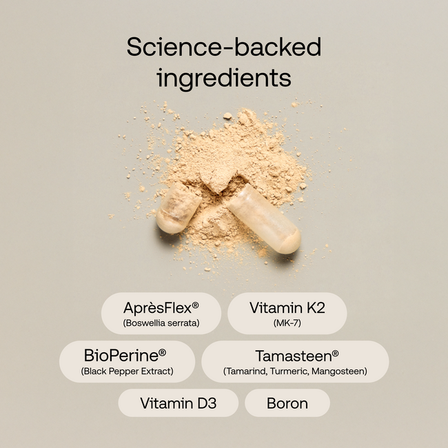 A broken capsule with beige powder running out. It says: Science backed ingredients 