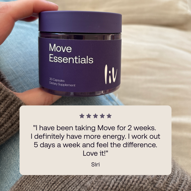 Purple container labeled 'Move Essentials' held by a person, with a five-star rating and customer review on a white background.