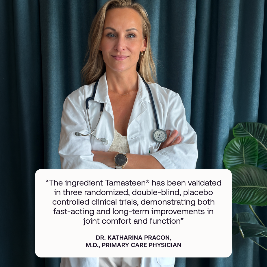 A woman in a white lab coat stands in front of dark blue curtains with a stethoscope around her neck and a quote card overlaid at the bottom. The quote references an ingredient validated in clinical trials by Dr.