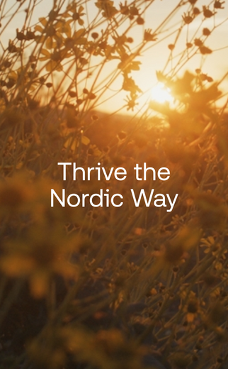 Sunset over a field with 'Thrive the Nordic Way' text overlay