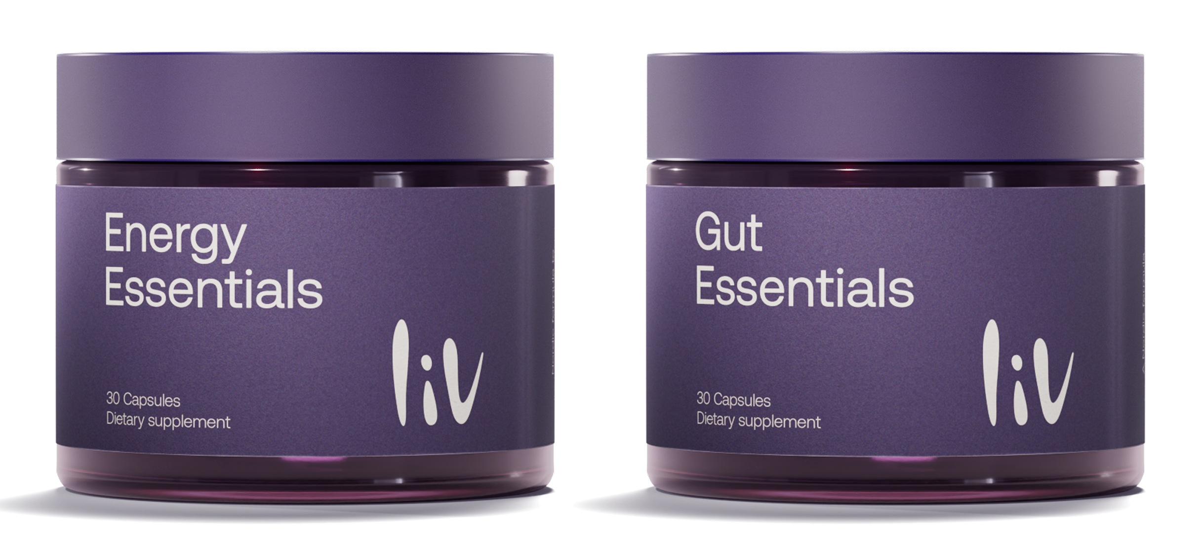 Two purple jars labeled 'Energy Essentials' and 'Gut Essentials' on a white background