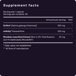 Supplement facts label with ingredients and amounts per serving on a purple background