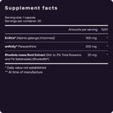 Supplement facts label with ingredients and amounts per serving on a purple background