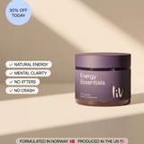 Violet supplement bottle with energy essentials in white writing 