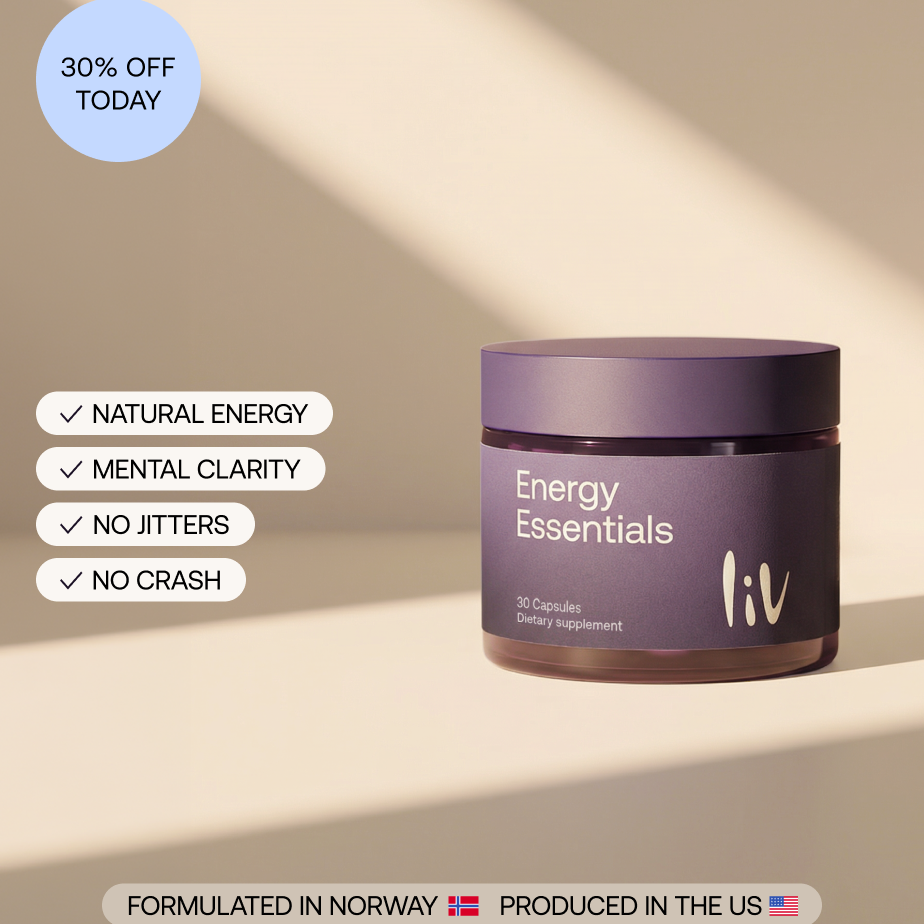 Violet supplement bottle with energy essentials in white writing 