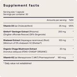 Supplement facts label with various ingredients and their amounts per serving on a white background.