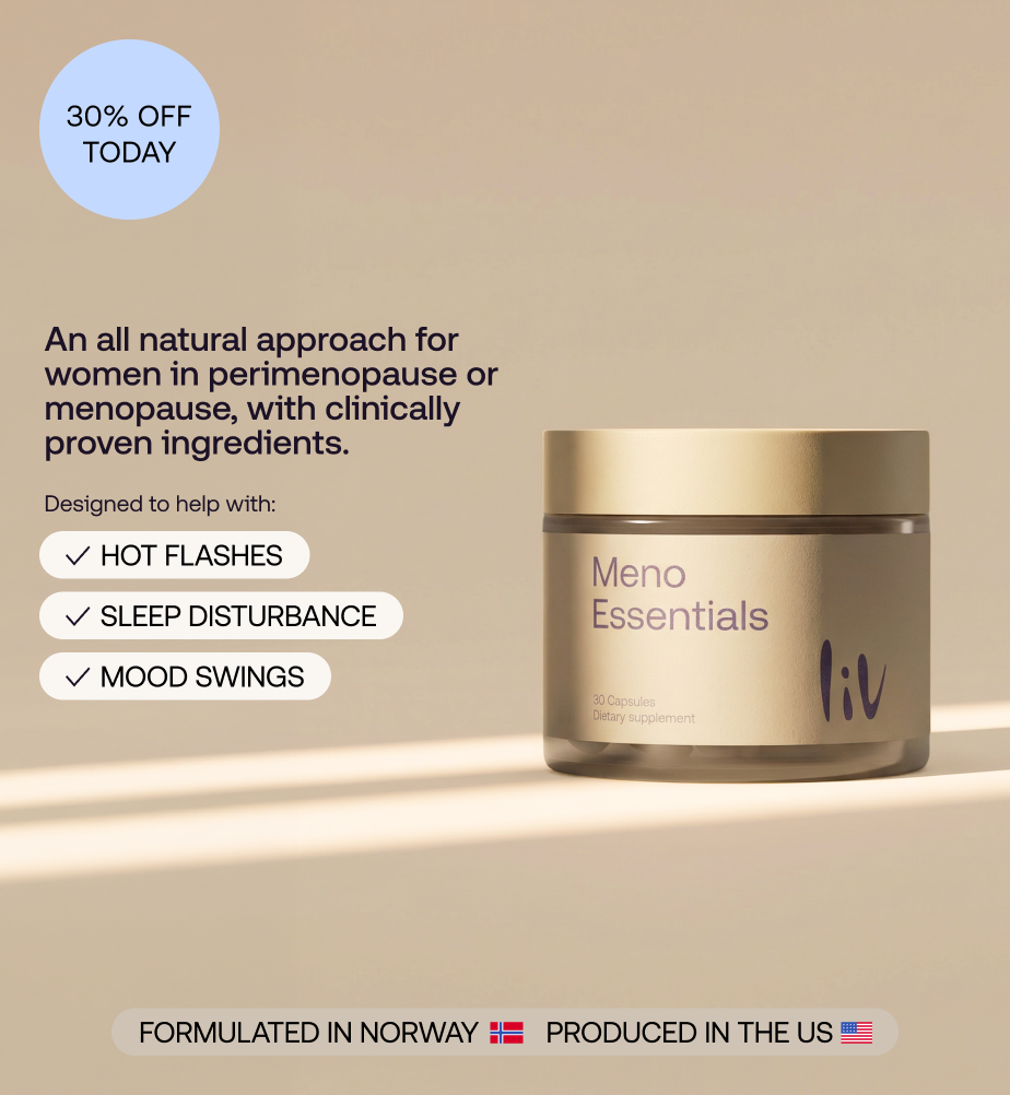 Beige supplement bottle with "meno essentials" in violet writing