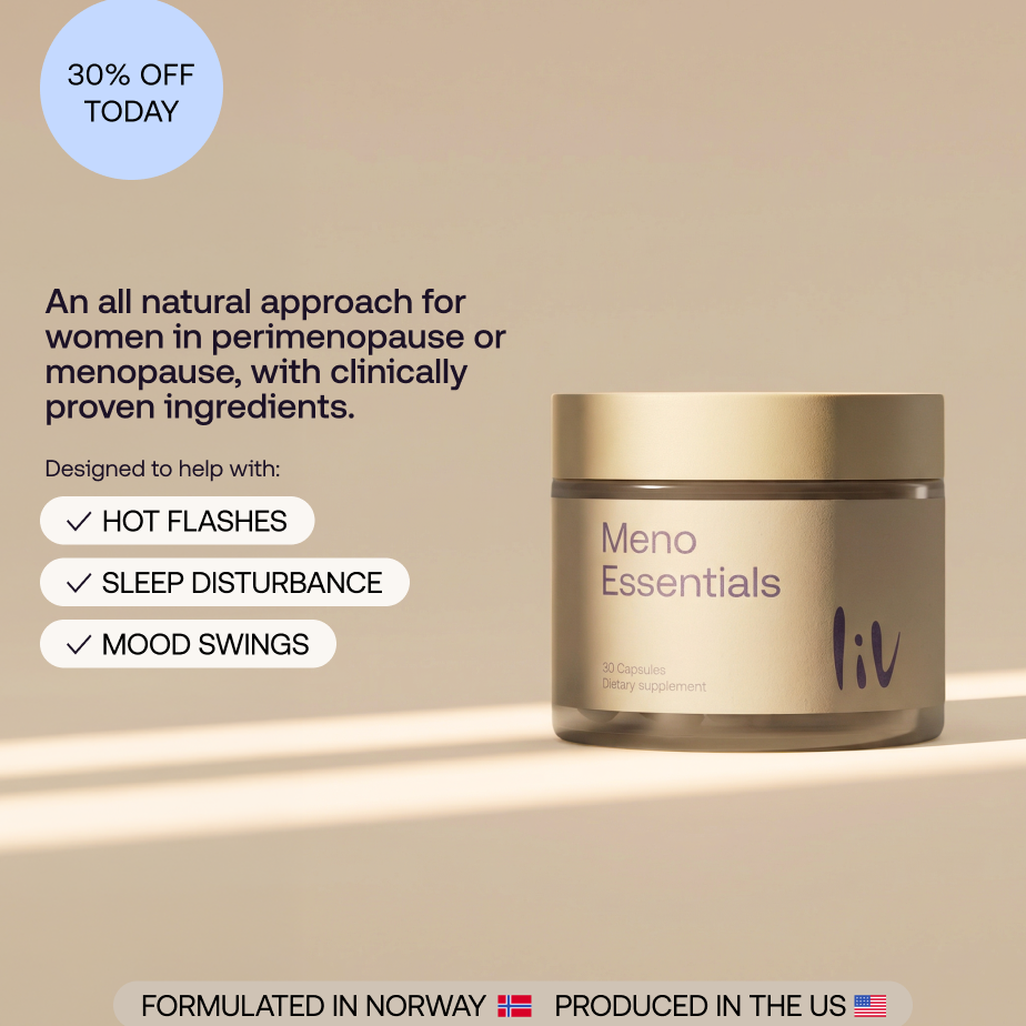 Beige supplement bottle with "meno essentials" in violet writing