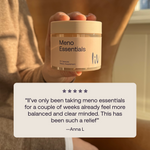 Picture of a beige meno essentials supplement bottle. There is a 5 start review on it.