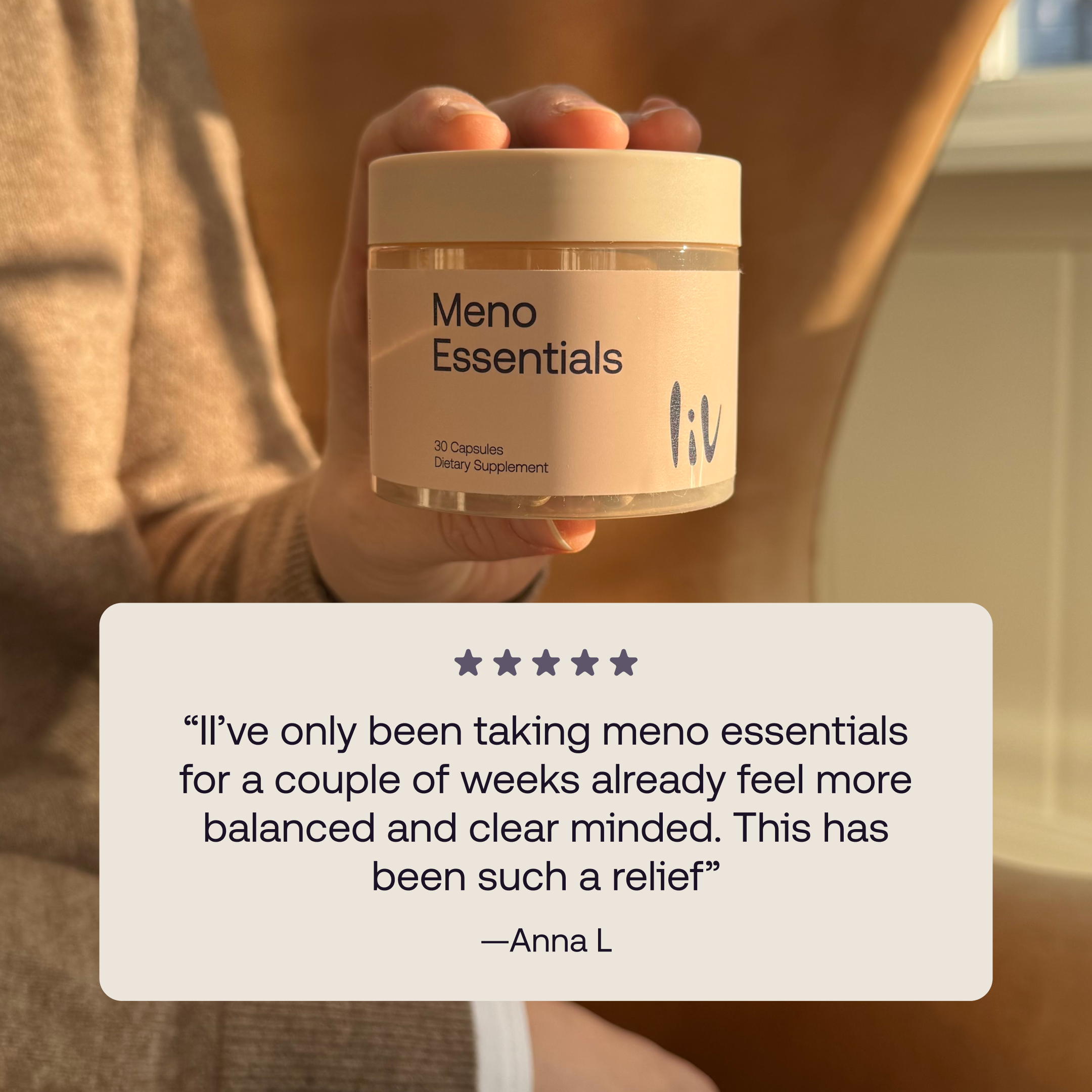 Picture of a beige meno essentials supplement bottle. There is a 5 start review on it.