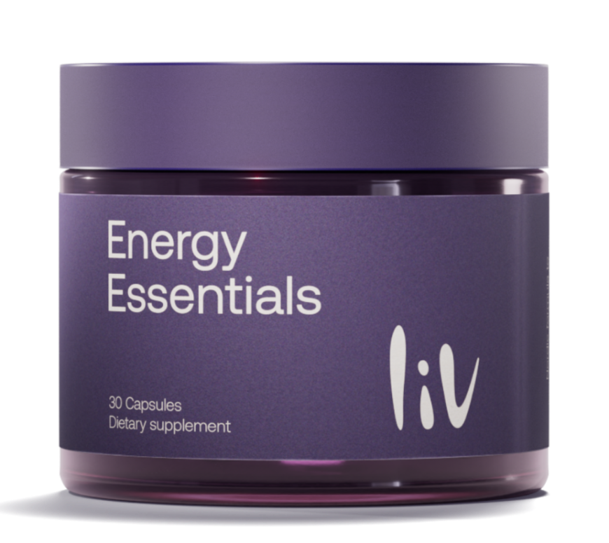 Purple jar labeled 'Energy Essentials' by 'liv' on a white background