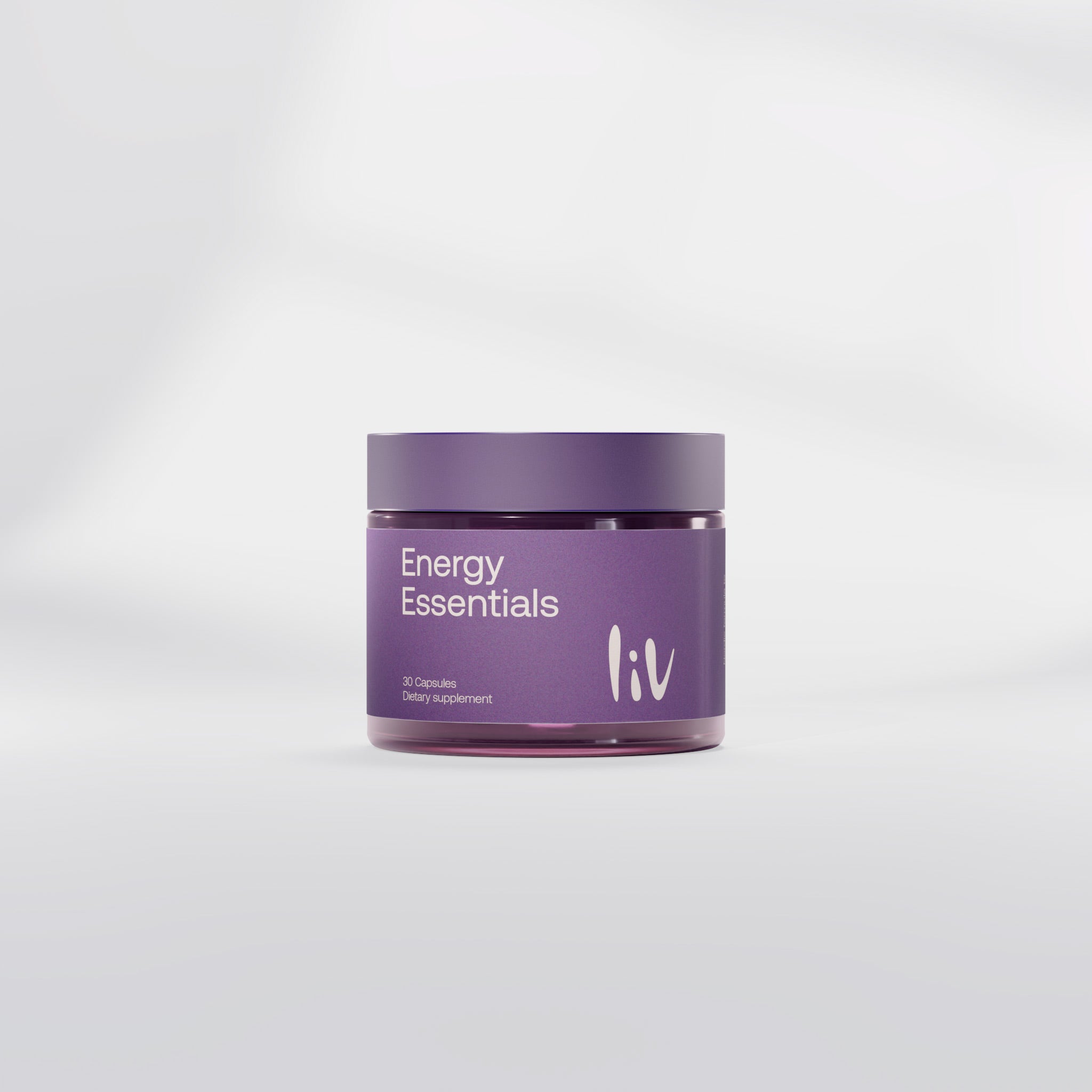 Purple jar labeled 'Energy Essentials' by 'liv' on a light gray background