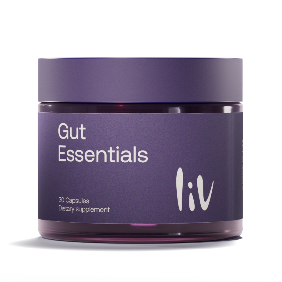 Purple jar of 'Gut Essentials' dietary supplement with 'liv' branding on a white background