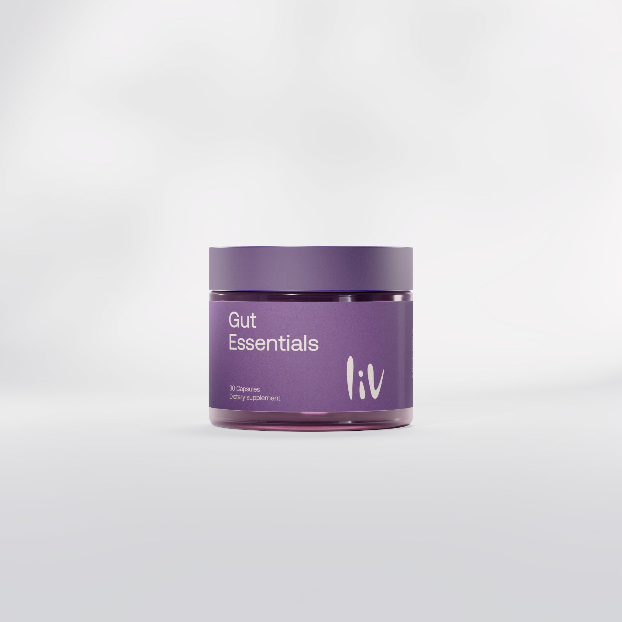 Purple jar labeled 'Gut Essentials' by 'liv' on a white background