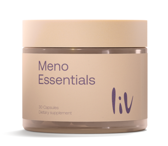 Jar labeled 'Meno Essentials' by 'liv' on a white background