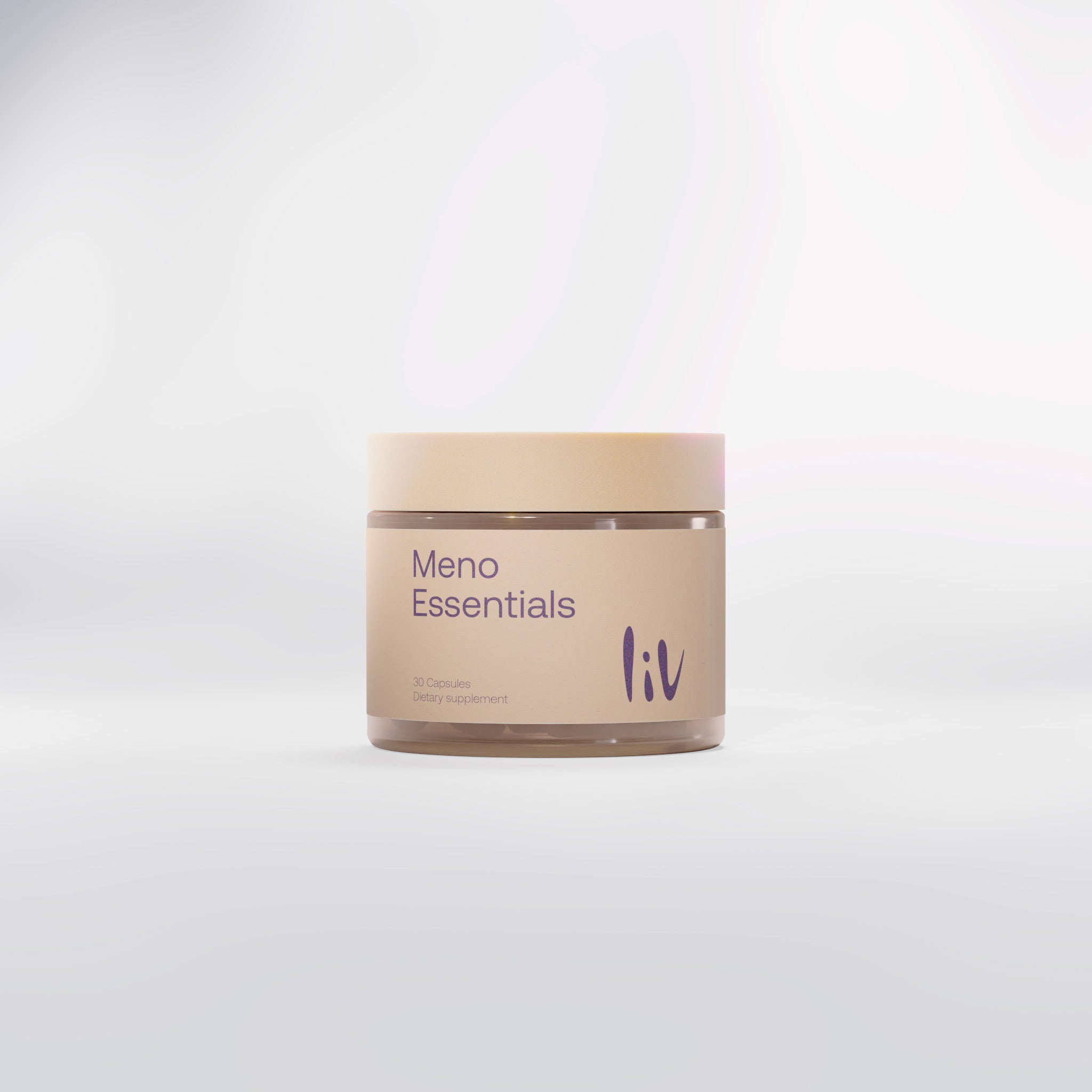 Jar labeled 'Meno Essentials' by 'liv' on a white background