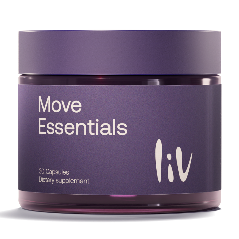 Purple jar labeled 'Move Essentials liv' on a white background