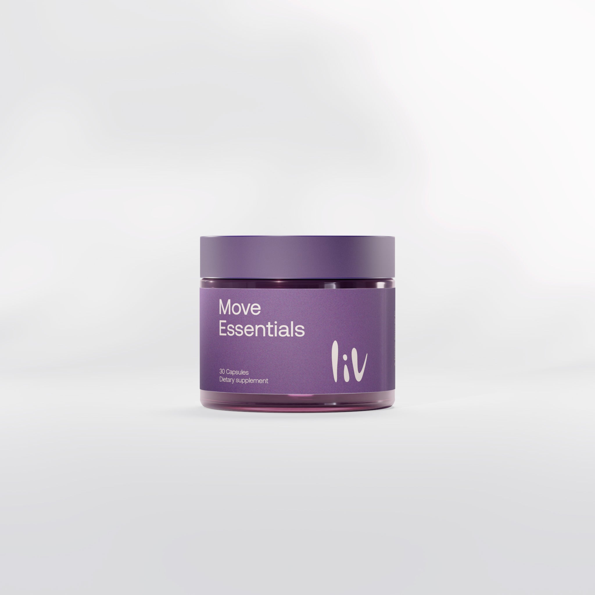 Purple jar labeled 'Move Essentials liv' on a white background